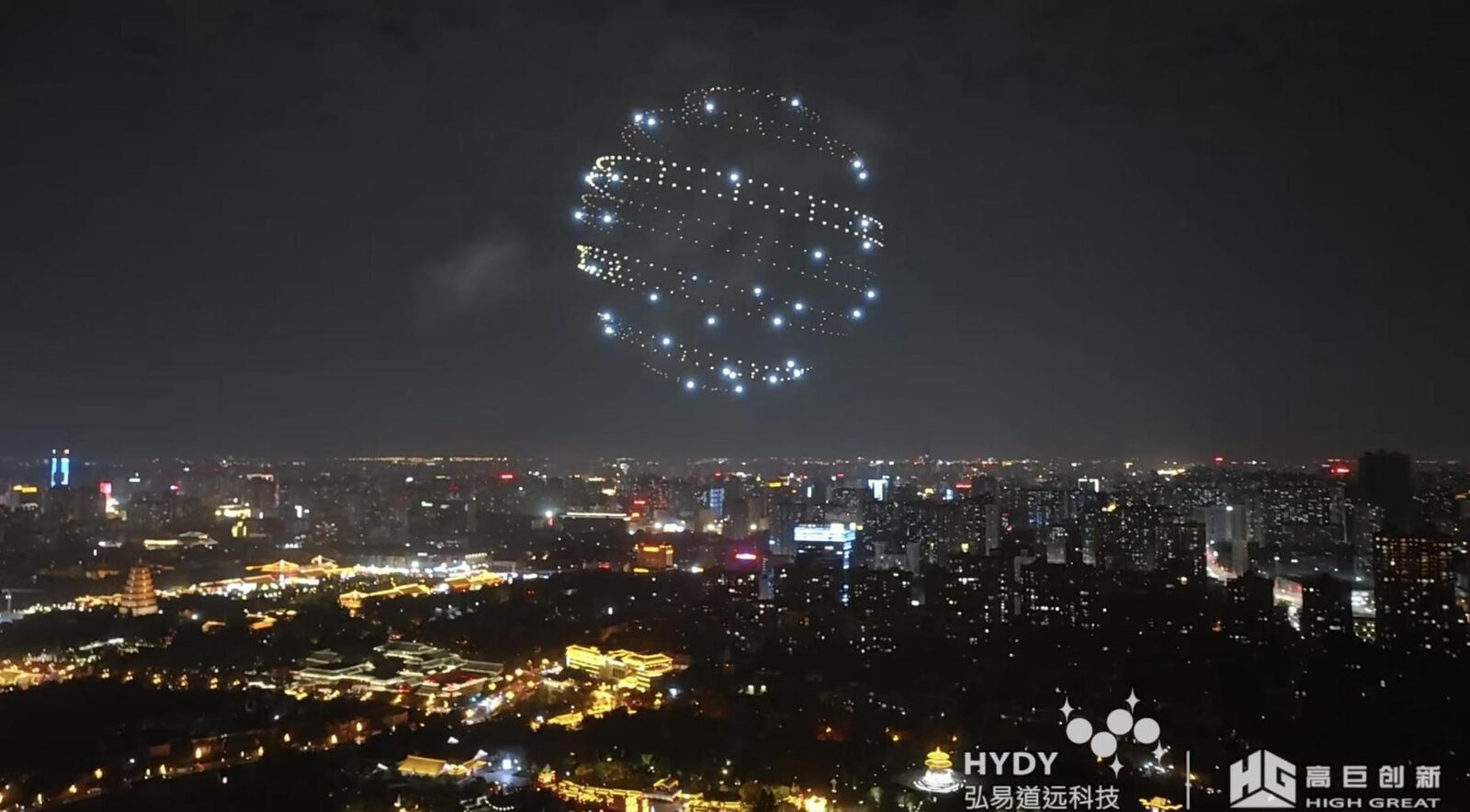 搭载高亮爆闪灯的无人机球体编队悬于城市夜空
